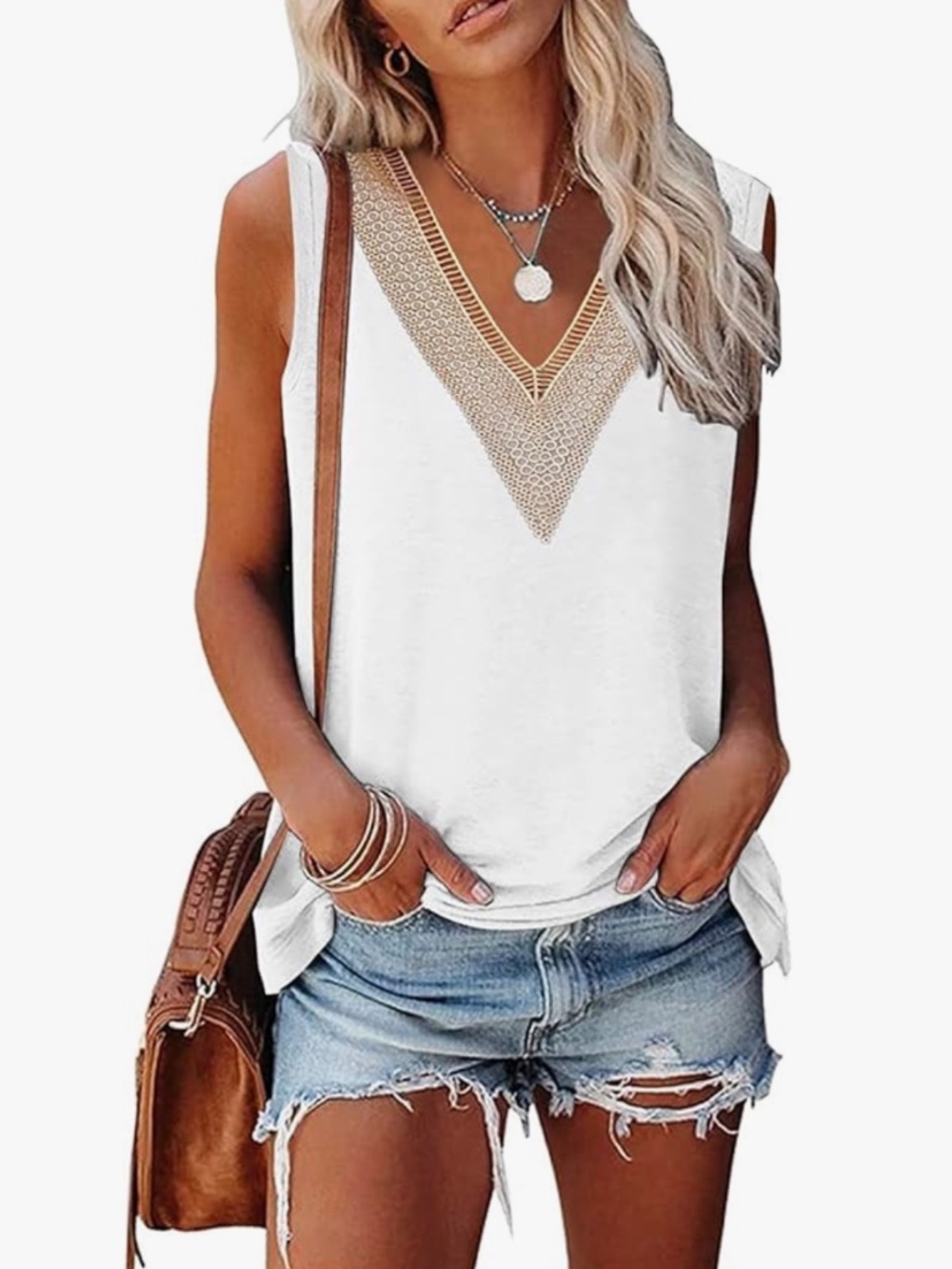 Womens Summer Casual Sleeveless Shirts V Neck Lace Tank Top